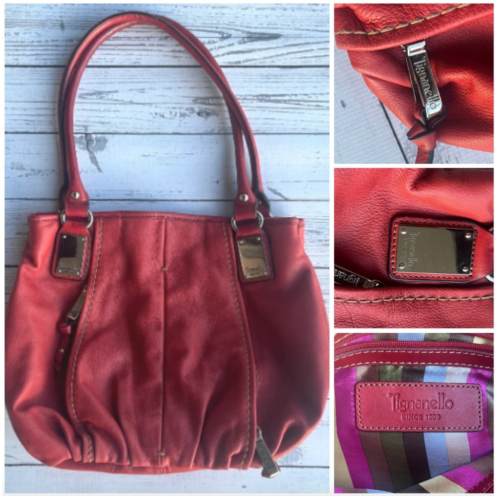 Tignanello Vintage Red Designer Leather Logo Shoulder Bag‎ Ruched Hobo Style